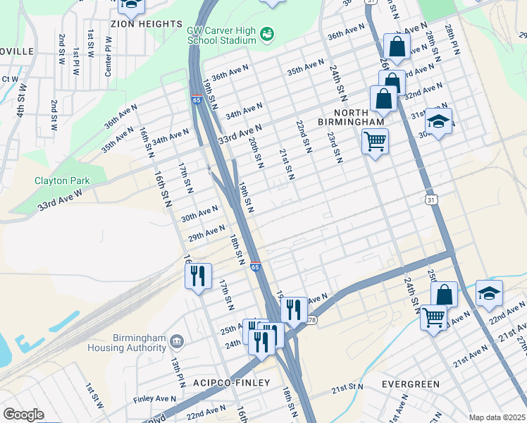 map of restaurants, bars, coffee shops, grocery stores, and more near 1901 29th Avenue North in Birmingham