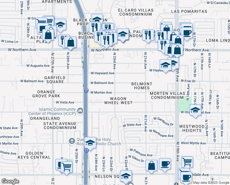 map of restaurants, bars, coffee shops, grocery stores, and more near North 23rd Avenue & West Morten Avenue in Phoenix