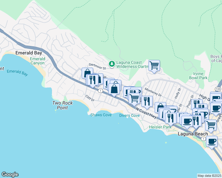 map of restaurants, bars, coffee shops, grocery stores, and more near 241 Fairview Street in Laguna Beach
