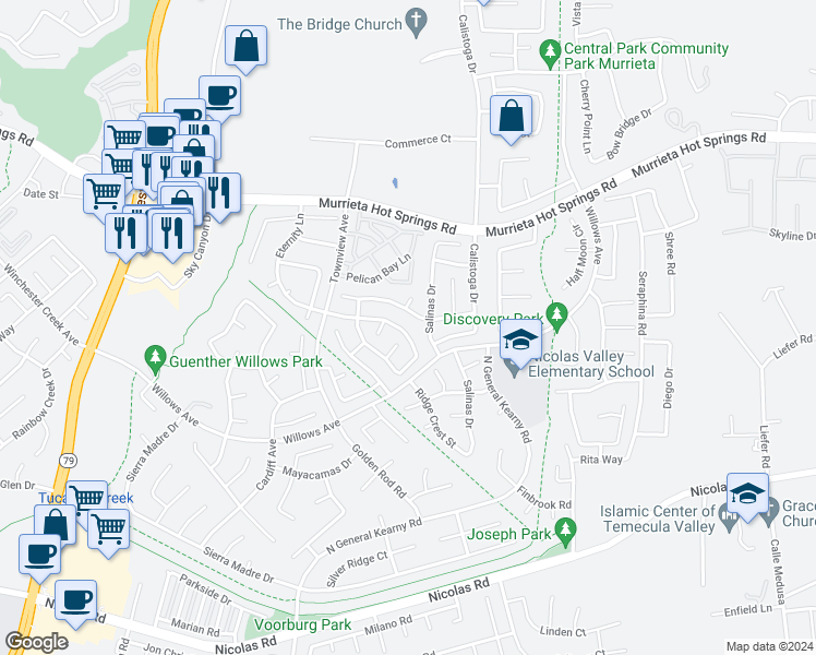 map of restaurants, bars, coffee shops, grocery stores, and more near 30348 Savannah Oaks Drive in Murrieta