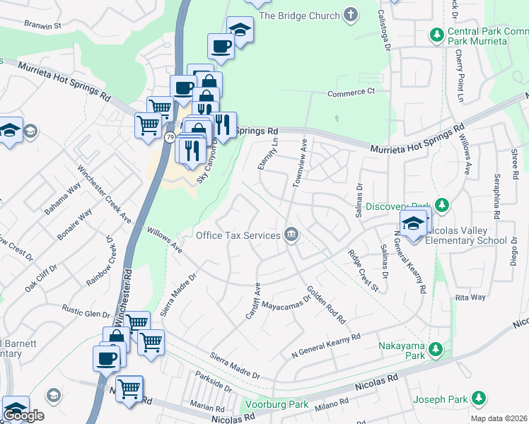 map of restaurants, bars, coffee shops, grocery stores, and more near 39320 Beringer Drive in Murrieta