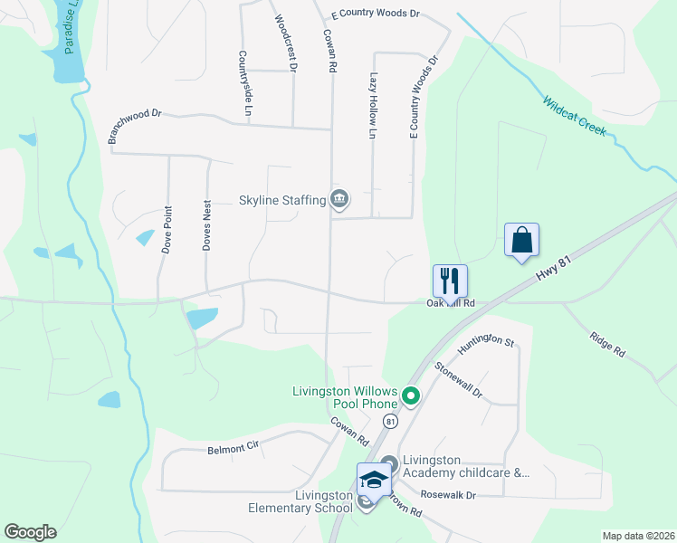 map of restaurants, bars, coffee shops, grocery stores, and more near 775 Cowan Road in Covington