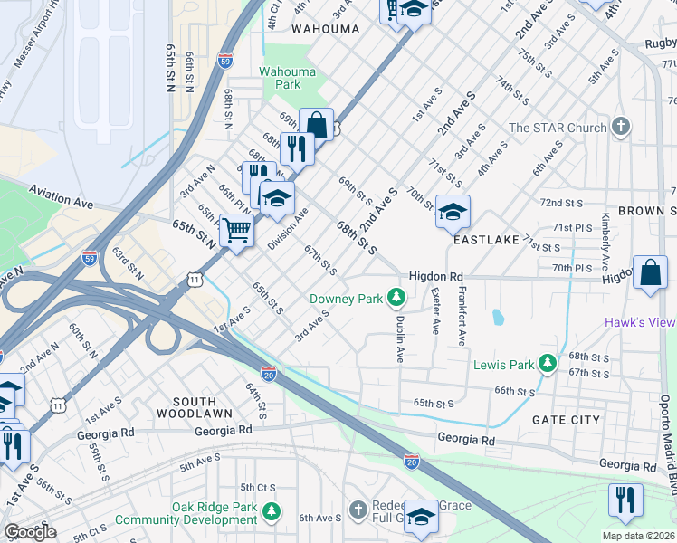 map of restaurants, bars, coffee shops, grocery stores, and more near 212 67th Street South in Birmingham