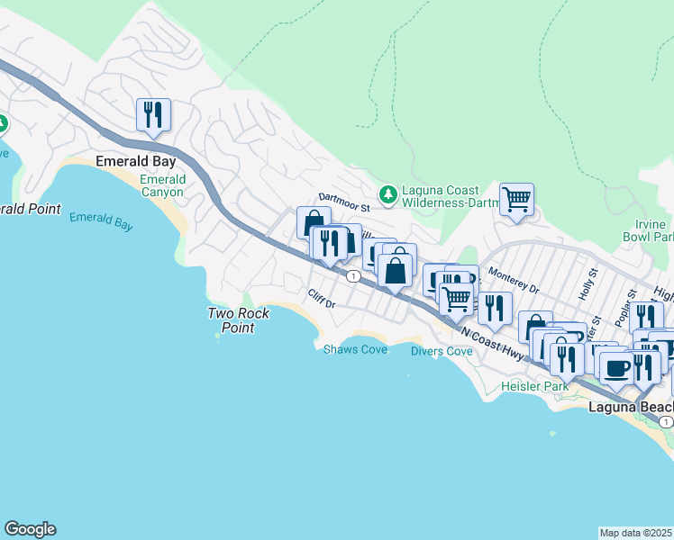 map of restaurants, bars, coffee shops, grocery stores, and more near 1208 North Pacific Coast Highway in Laguna Beach