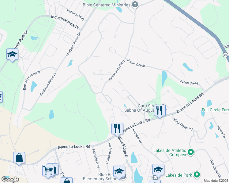 map of restaurants, bars, coffee shops, grocery stores, and more near 232 Ryan Lane in Evans
