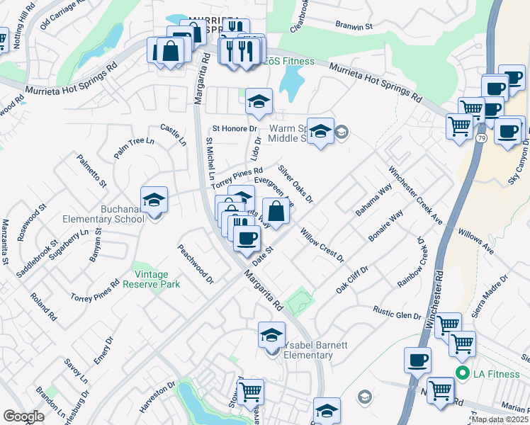 map of restaurants, bars, coffee shops, grocery stores, and more near 39672 Breezy Meadow Street in Murrieta
