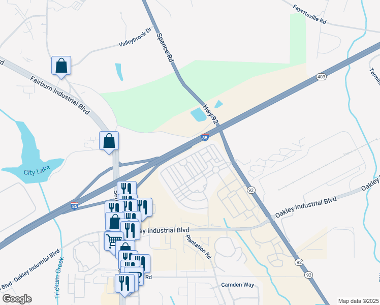 map of restaurants, bars, coffee shops, grocery stores, and more near 5599 Radford Loop in Fairburn