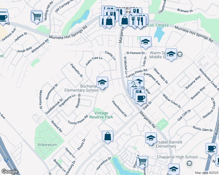 map of restaurants, bars, coffee shops, grocery stores, and more near 39902 Buxton Court in Murrieta