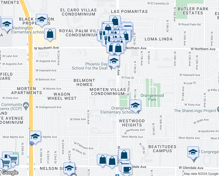 map of restaurants, bars, coffee shops, grocery stores, and more near 1935 West Morten Avenue in Phoenix