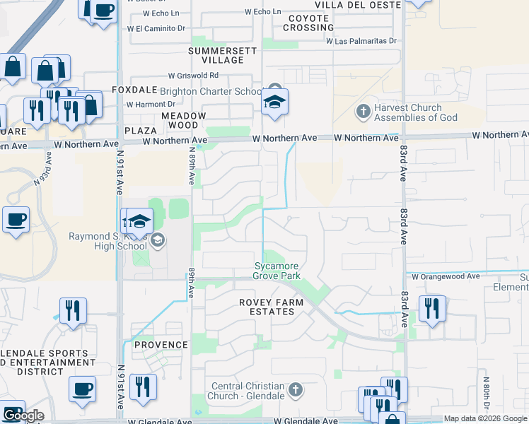 map of restaurants, bars, coffee shops, grocery stores, and more near 7598 North 87th Avenue in Glendale