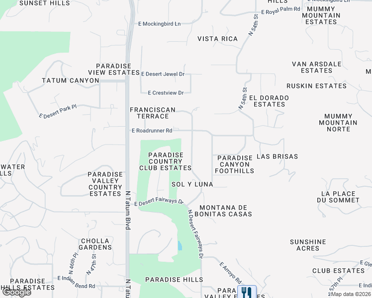 map of restaurants, bars, coffee shops, grocery stores, and more near 7608 North Shadow Mountain Road in Paradise Valley