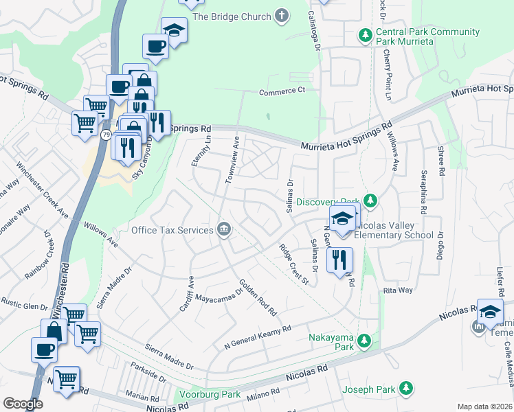 map of restaurants, bars, coffee shops, grocery stores, and more near 30295 Savannah Oaks Drive in Murrieta