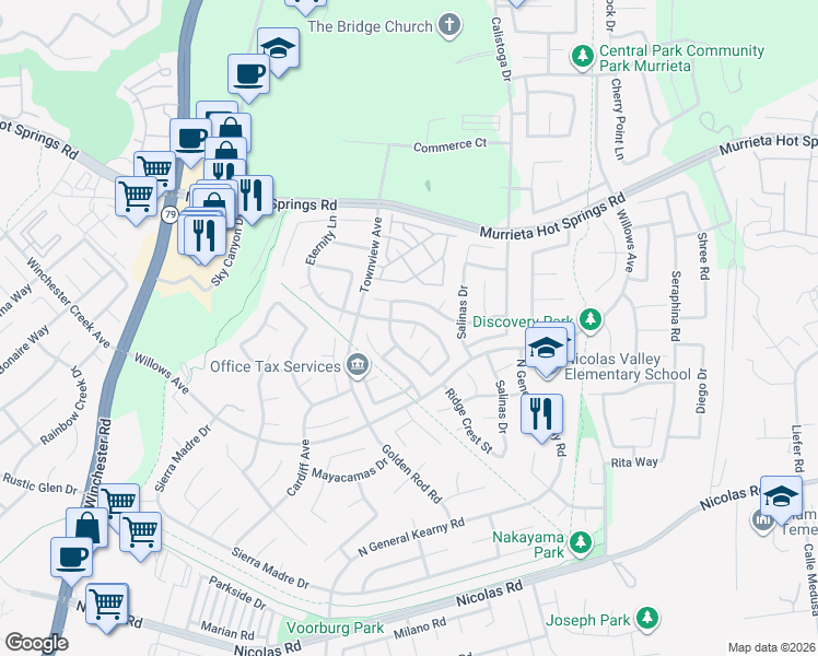 map of restaurants, bars, coffee shops, grocery stores, and more near 30295 Savannah Oaks Drive in Murrieta