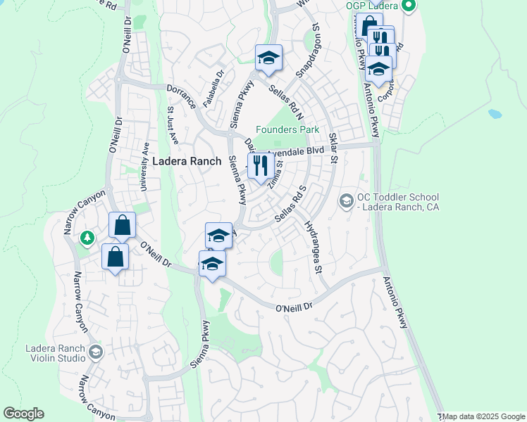 map of restaurants, bars, coffee shops, grocery stores, and more near 206 Sellas Road South in Ladera Ranch
