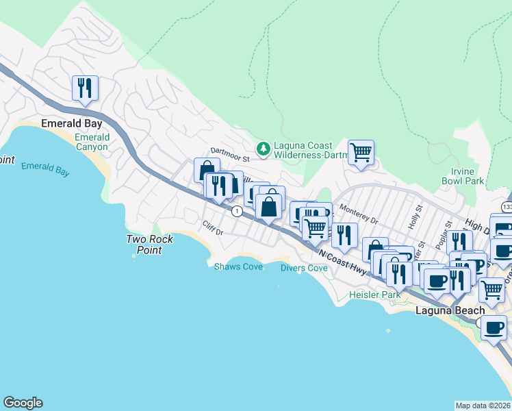 map of restaurants, bars, coffee shops, grocery stores, and more near 1027 North Coast Highway in Laguna Beach