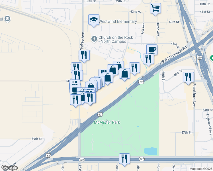 map of restaurants, bars, coffee shops, grocery stores, and more near 6076 Marsha Sharp Freeway in Lubbock