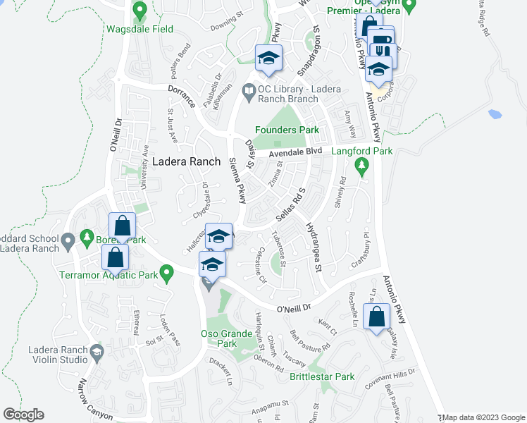 map of restaurants, bars, coffee shops, grocery stores, and more near 206 Sellas Road South in Ladera Ranch