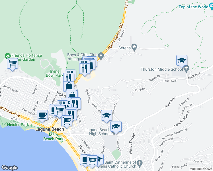 map of restaurants, bars, coffee shops, grocery stores, and more near 1320 Moorea Way in Laguna Beach