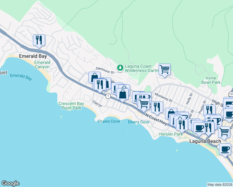map of restaurants, bars, coffee shops, grocery stores, and more near 1027 North Coast Highway in Laguna Beach