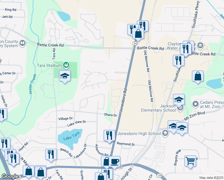 map of restaurants, bars, coffee shops, grocery stores, and more near 7463 Garnet Drive in Jonesboro
