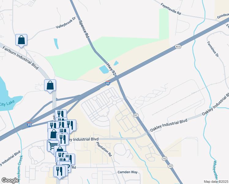 map of restaurants, bars, coffee shops, grocery stores, and more near 5405 Festival Avenue in Fairburn