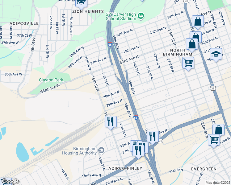 map of restaurants, bars, coffee shops, grocery stores, and more near 2919 17th Street North in Birmingham