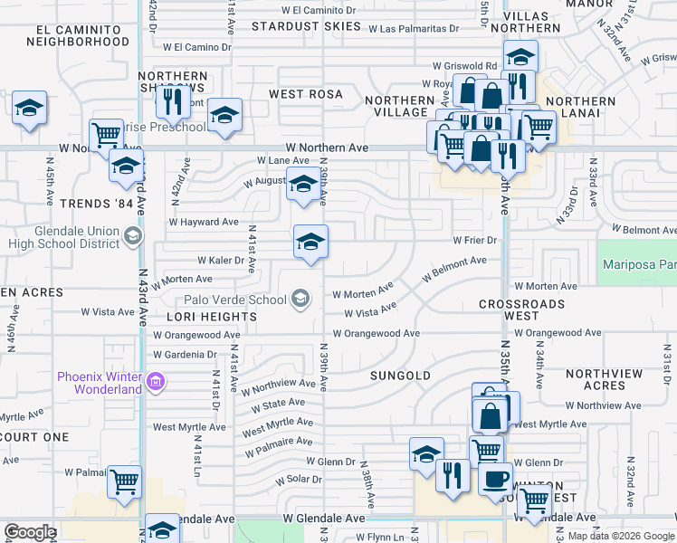 map of restaurants, bars, coffee shops, grocery stores, and more near 3818 West Morten Avenue in Phoenix