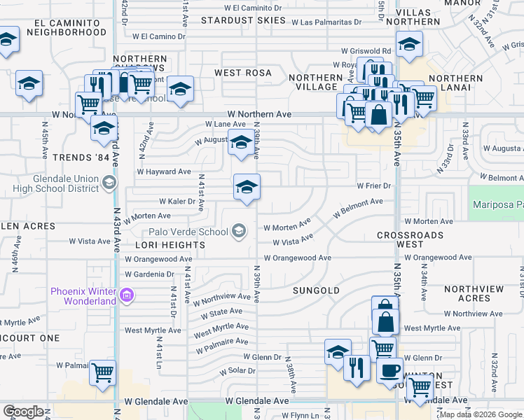 map of restaurants, bars, coffee shops, grocery stores, and more near 7502 North 39th Avenue in Phoenix