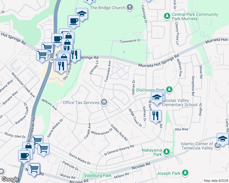 map of restaurants, bars, coffee shops, grocery stores, and more near 39490 Bainbridge Circle in Murrieta