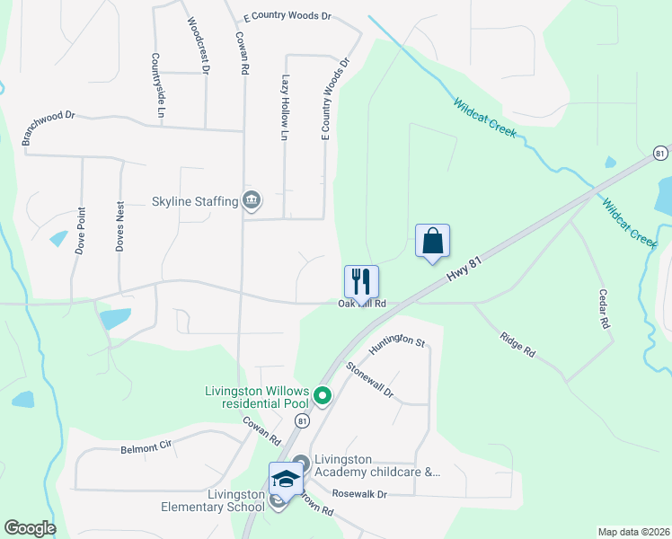 map of restaurants, bars, coffee shops, grocery stores, and more near 128 Oak Hill Road in Covington