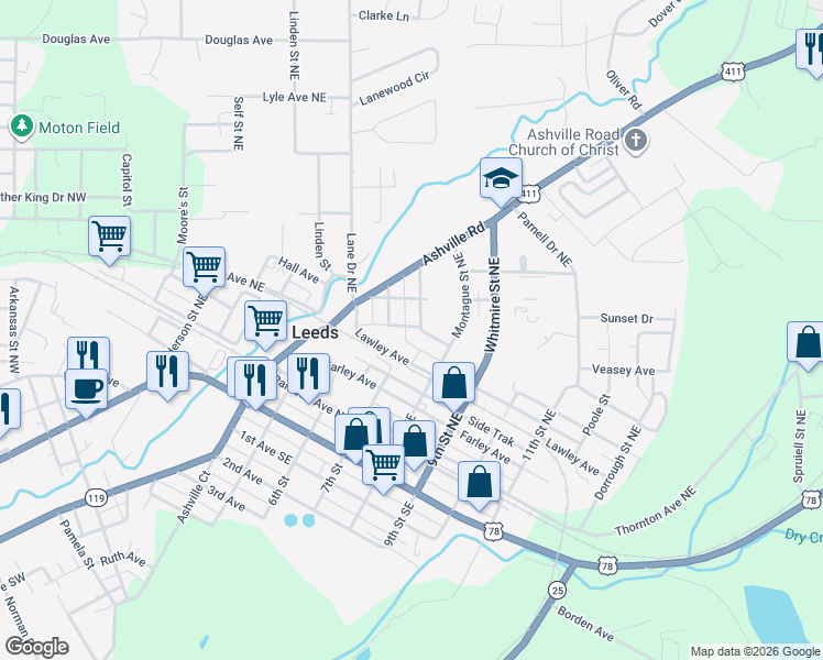 map of restaurants, bars, coffee shops, grocery stores, and more near 1704 Robertson Avenue in Leeds