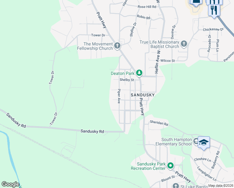 map of restaurants, bars, coffee shops, grocery stores, and more near 633 Perry Street in Birmingham