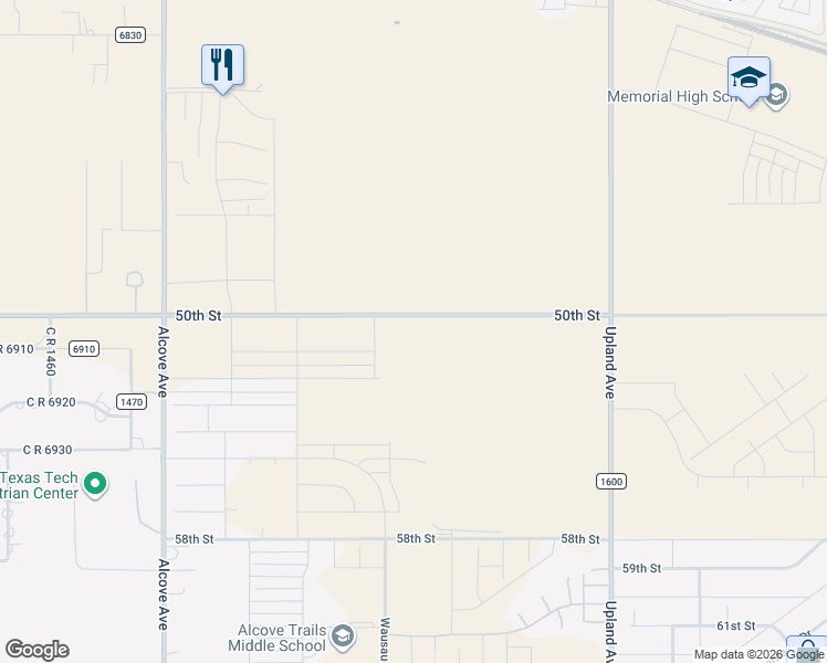 map of restaurants, bars, coffee shops, grocery stores, and more near 7521 50th Street in Lubbock