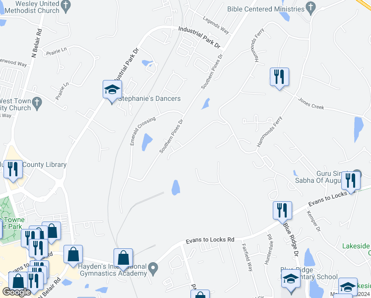map of restaurants, bars, coffee shops, grocery stores, and more near 840 Park Chase Drive in Evans