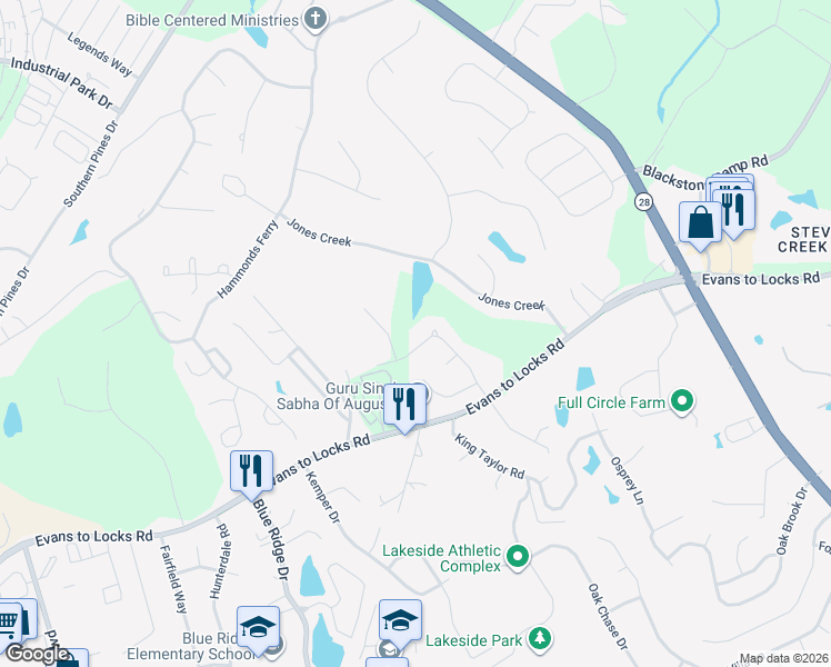 map of restaurants, bars, coffee shops, grocery stores, and more near 2024 Grace Avenue in Evans