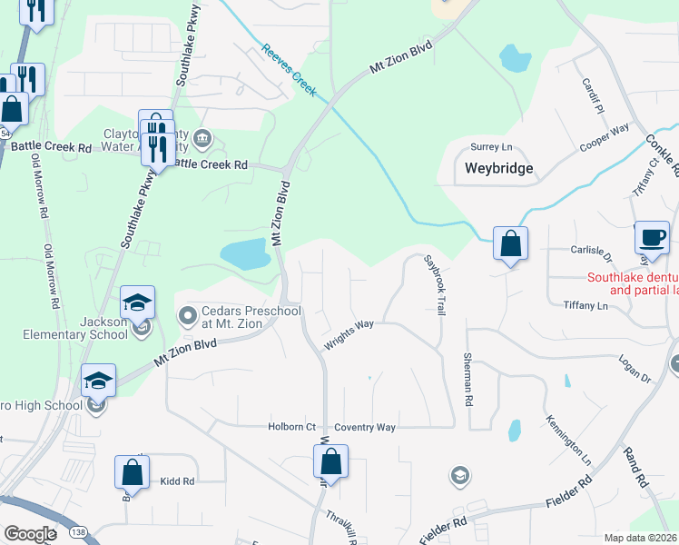 map of restaurants, bars, coffee shops, grocery stores, and more near 7575 Raleigh Lane in Jonesboro
