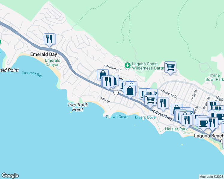 map of restaurants, bars, coffee shops, grocery stores, and more near Chiquita Street in Laguna Beach