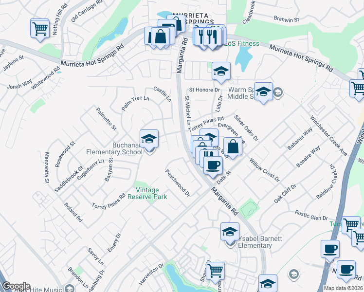 map of restaurants, bars, coffee shops, grocery stores, and more near 26530 Khepera Court in Murrieta