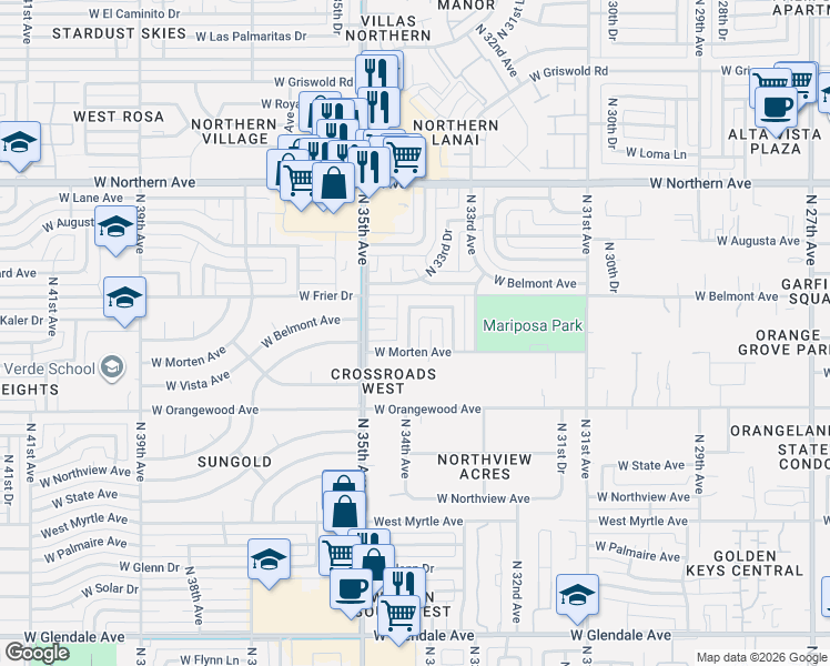 map of restaurants, bars, coffee shops, grocery stores, and more near 3413 West Frier Drive in Phoenix
