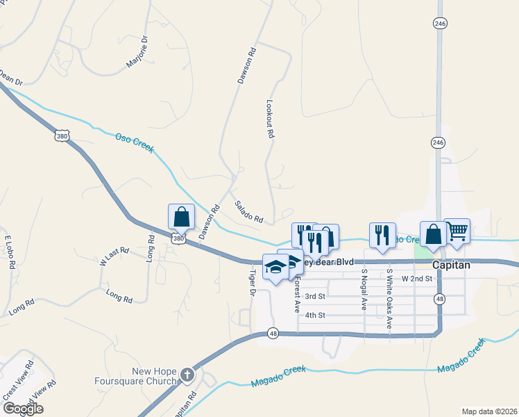 map of restaurants, bars, coffee shops, grocery stores, and more near Lookout Road in Capitan