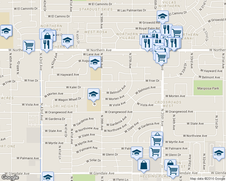 map of restaurants, bars, coffee shops, grocery stores, and more near 3817 West Frier Drive in Phoenix