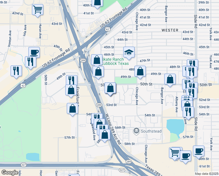 map of restaurants, bars, coffee shops, grocery stores, and more near 5715 50th St in Lubbock