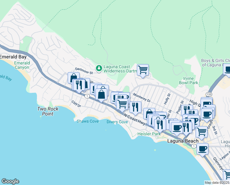 map of restaurants, bars, coffee shops, grocery stores, and more near Private Street in Laguna Beach