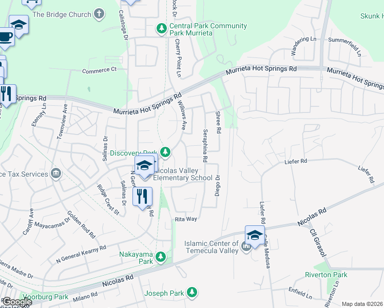 map of restaurants, bars, coffee shops, grocery stores, and more near 30828 Highland Vista Circle in Temecula