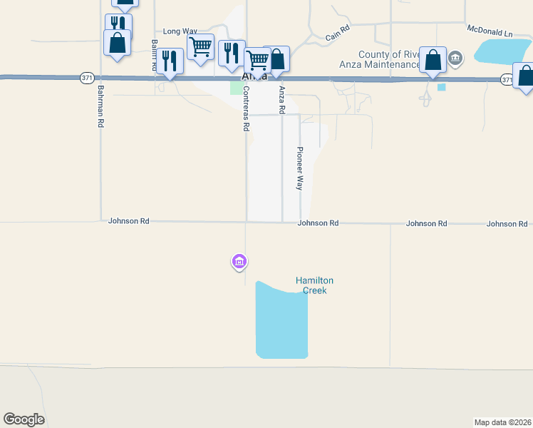 map of restaurants, bars, coffee shops, grocery stores, and more near 56600 Johnson Road in Anza