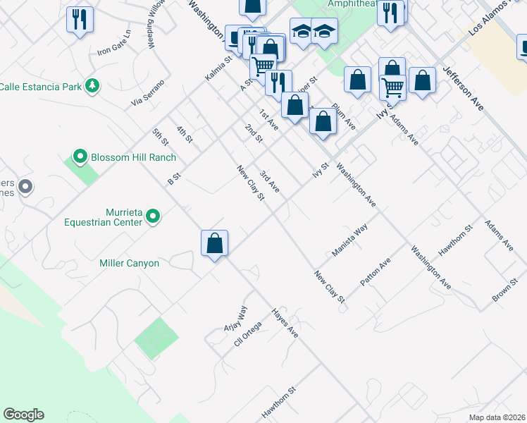 map of restaurants, bars, coffee shops, grocery stores, and more near New Clay Street in Murrieta
