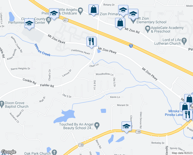 map of restaurants, bars, coffee shops, grocery stores, and more near 7536 Old South Lane in Jonesboro