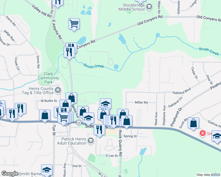 map of restaurants, bars, coffee shops, grocery stores, and more near Rock Quarry Road in Stockbridge