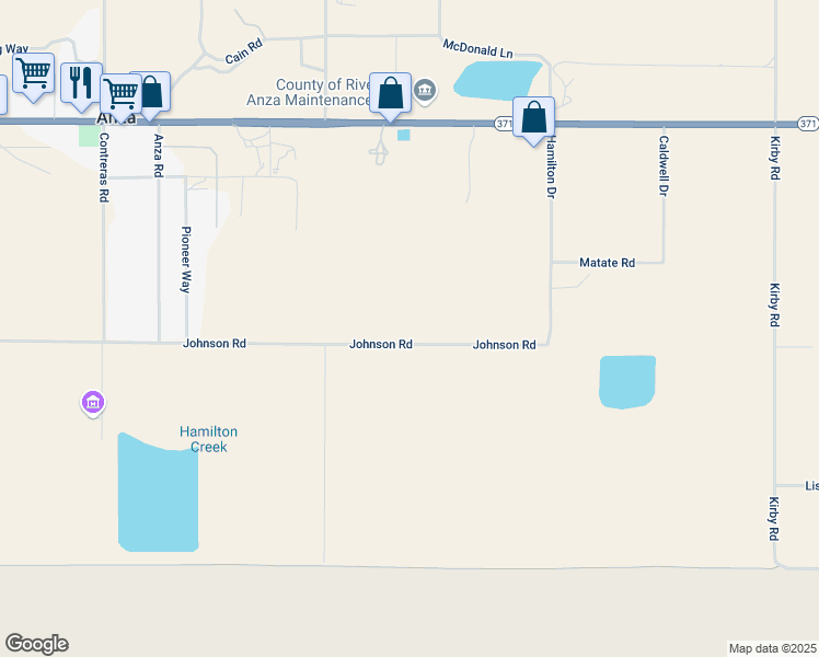 map of restaurants, bars, coffee shops, grocery stores, and more near 57150 Johnson Road in Anza