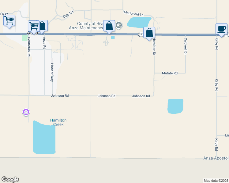 map of restaurants, bars, coffee shops, grocery stores, and more near 57150 Johnson Road in Anza